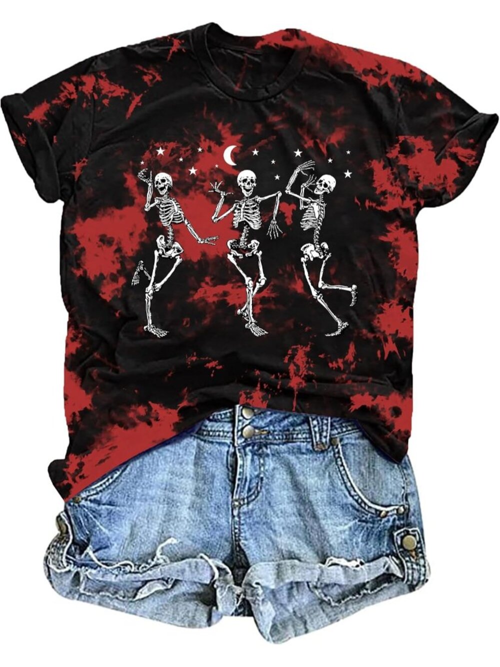 🆕 Women's Black Red Dancing Skeleton Moon Tie Dye Halloween Tee